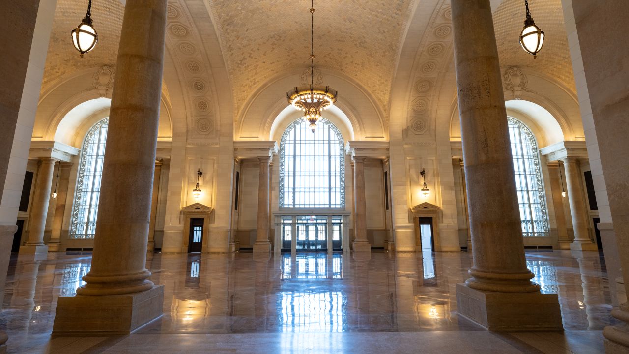 The Great Hall of Michigan Central Station before and after the six-year renovation project funded by Ford Motor Company.