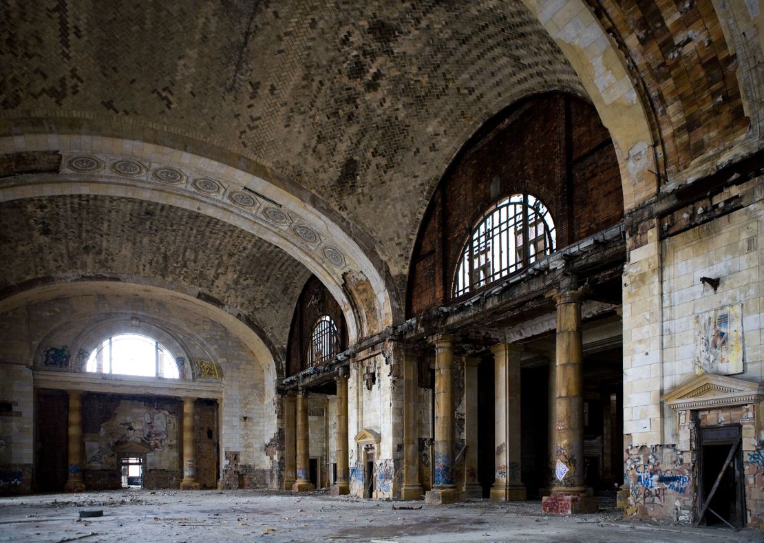 Michigan Central Train Station on December 17, 2008. The decades-long decline of the US auto industry has been sharply reflected in the Motor City's urban decay.